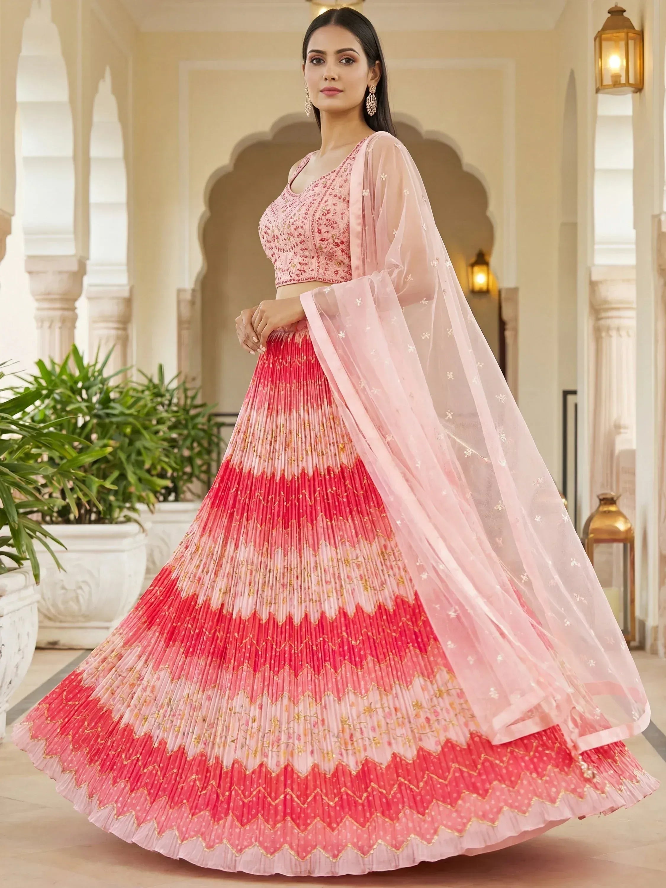Tulsi Art Glamorous Pink Embroidered Chinon Wedding Wear Lehenga Choli | Grocsy