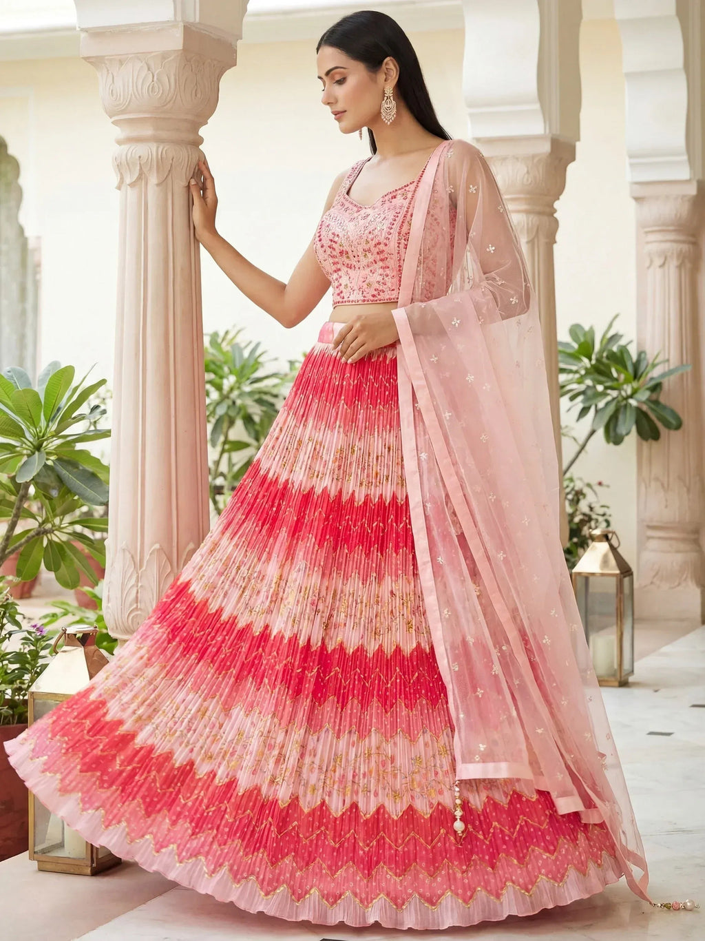 Tulsi Art Glamorous Pink Embroidered Chinon Wedding Wear Lehenga Choli | Grocsy