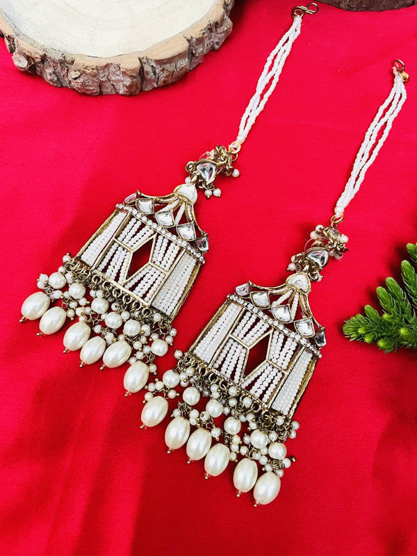 Tehzeeb Creations Stylish White Pearls Gold-Polished Kundan Studded Beads Beaded Drop Earrings With Ear Chain Long Earring Set | Grocsy