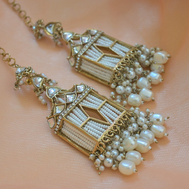 Tehzeeb Creations Stylish White Pearls Gold-Polished Kundan Studded Beads Beaded Drop Earrings With Ear Chain Long Earring Set | Grocsy