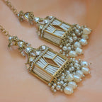 Tehzeeb Creations Stylish White Pearls Gold-Polished Kundan Studded Beads Beaded Drop Earrings With Ear Chain Long Earring Set | Grocsy