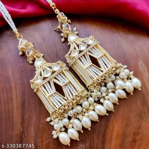 Tehzeeb Creations Stylish White Pearls Gold-Polished Kundan Studded Beads Beaded Drop Earrings With Ear Chain Long Earring Set | Grocsy