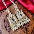 Tehzeeb Creations Stylish White Pearls Gold-Polished Kundan Studded Beads Beaded Drop Earrings With Ear Chain Long Earring Set | Grocsy
