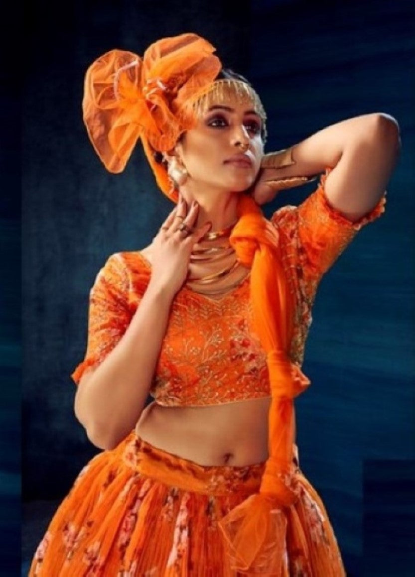 Anaita Orange Organza Lehenga Choli With Sequence & Thread Work | Grocsy