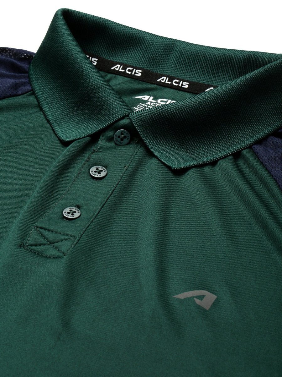 Alcis Men Green & Navy Blue Colourblocked Polo Collar Slim Fit Running T-shirt | Grocsy
