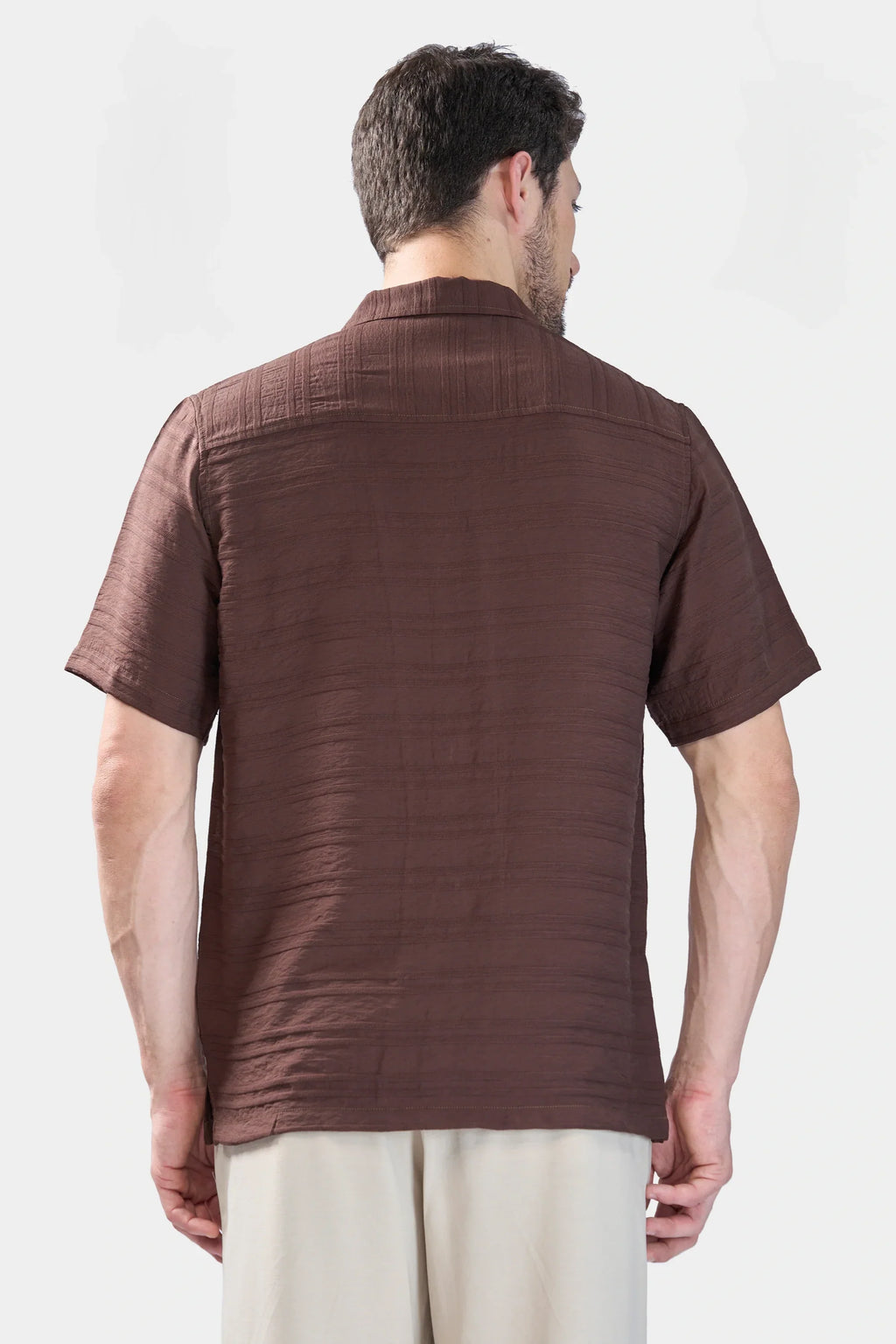 Xkind Brown Horizontal Pleated Stripes Relaxed Fit Shirt | Grocsy