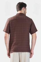 Xkind Brown Horizontal Pleated Stripes Relaxed Fit Shirt | Grocsy