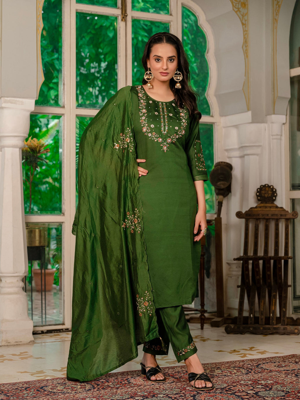 Vedant Vastram Simmer Silk Hand Work & Embroidery Work Stitched Kurta Pant Dupatta Set-Mahendi | Grocsy