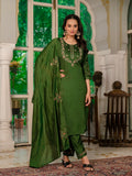 Vedant Vastram Simmer Silk Hand Work & Embroidery Work Stitched Kurta Pant Dupatta Set-Mahendi | Grocsy