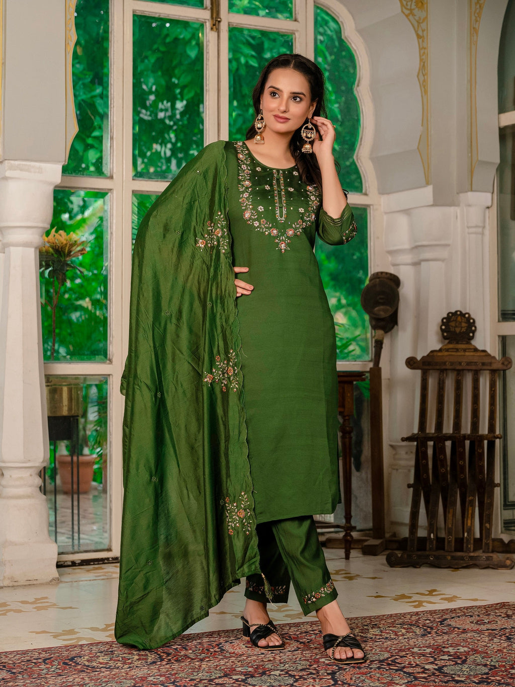 Vedant Vastram Simmer Silk Hand Work & Embroidery Work Stitched Kurta Pant Dupatta Set-Mahendi | Grocsy