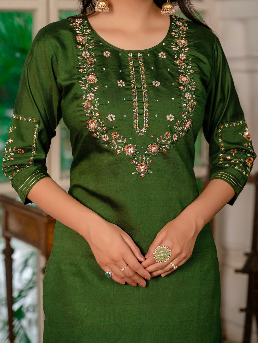 Vedant Vastram Simmer Silk Hand Work & Embroidery Work Stitched Kurta Pant Dupatta Set-Mahendi | Grocsy