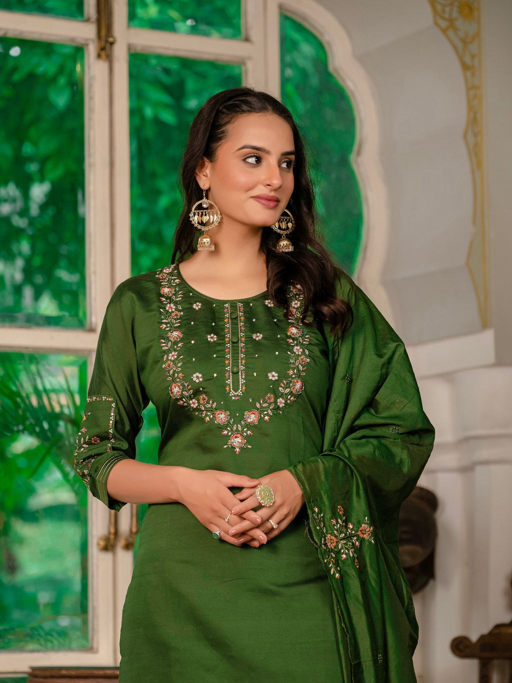Vedant Vastram Simmer Silk Hand Work & Embroidery Work Stitched Kurta Pant Dupatta Set-Mahendi | Grocsy