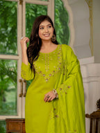 Vedant Vastram Simmer Silk Hand Work & Embroidery Work Stitched Kurta Pant Dupatta Set-Parrot Green | Grocsy