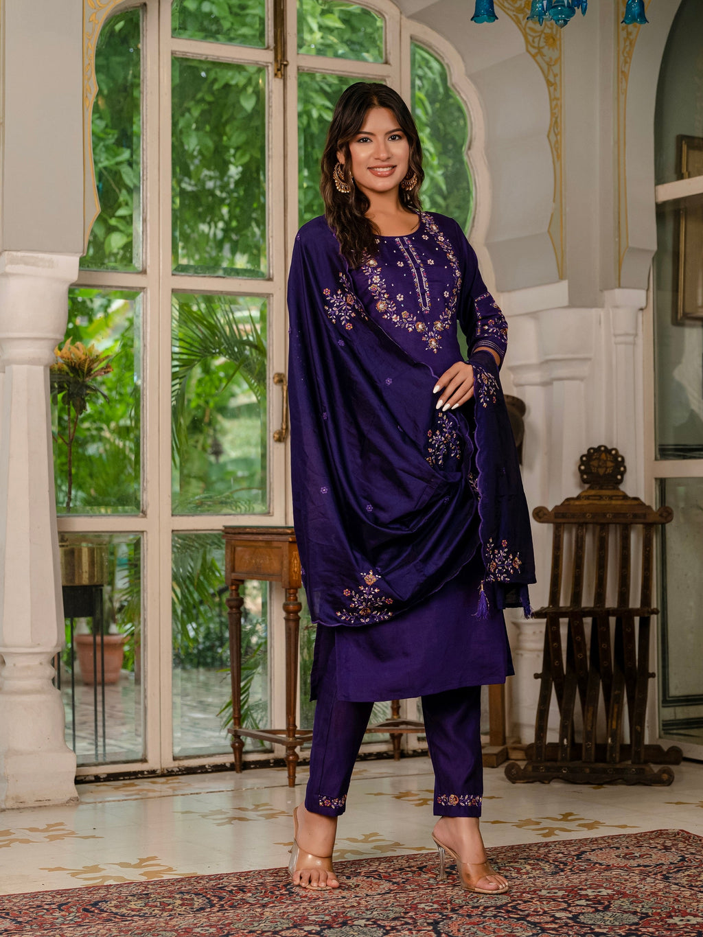 Vedant Vastram Shimmer Silk Hand Work & Embroidery Work Stitched Kurta Pant Dupatta Set-Violet | Grocsy