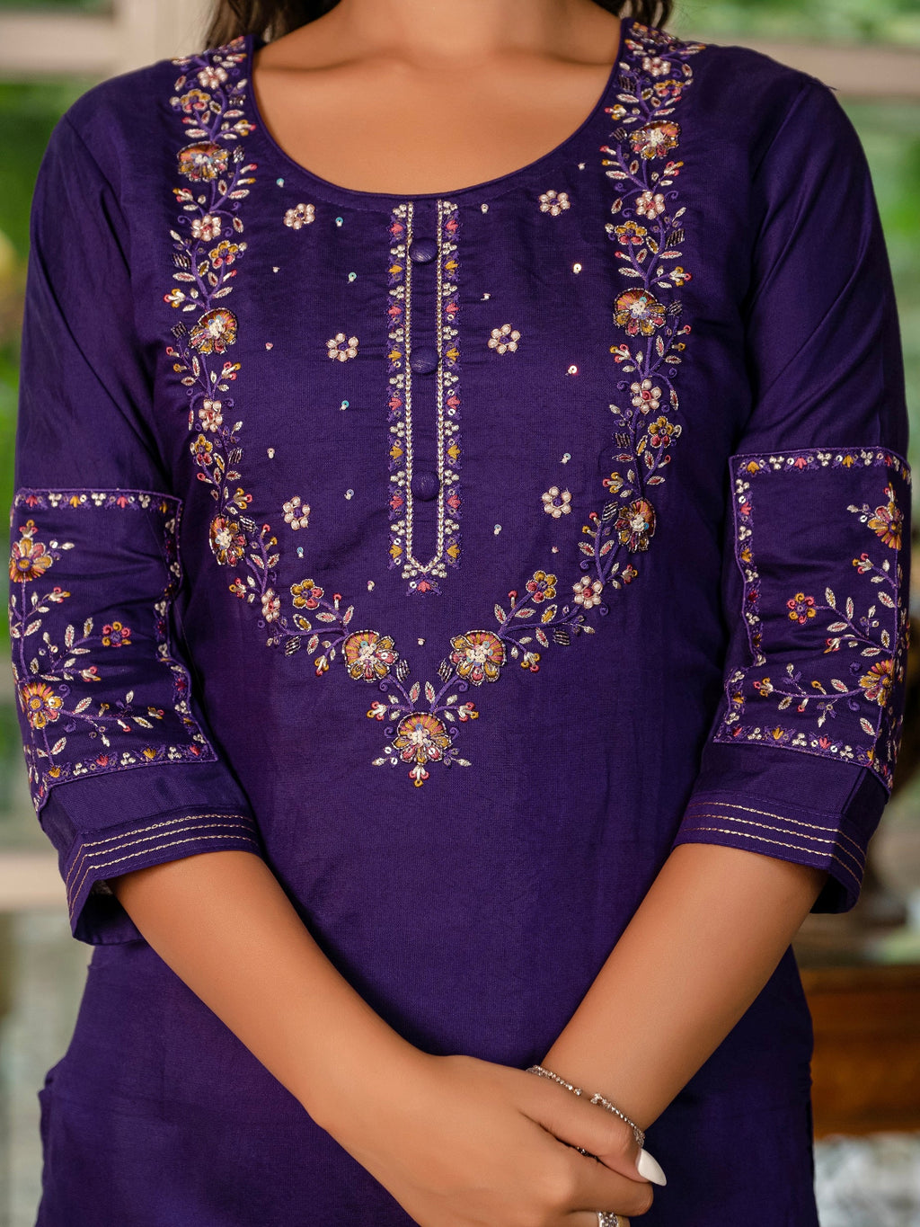 Vedant Vastram Shimmer Silk Hand Work & Embroidery Work Stitched Kurta Pant Dupatta Set-Violet | Grocsy