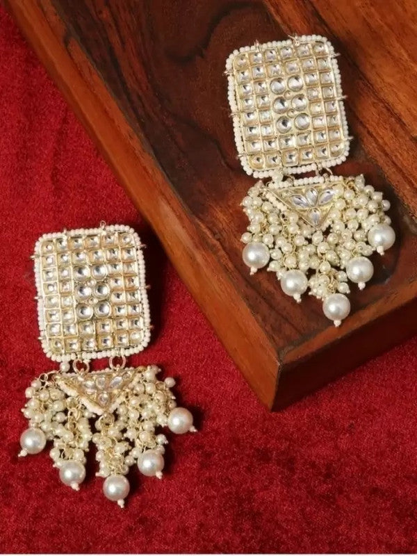 Tehzeeb Creations Jewellery Gold Tone Jadau Kundan & Pearls Large Drop Earrings For Women & Girls | Grocsy