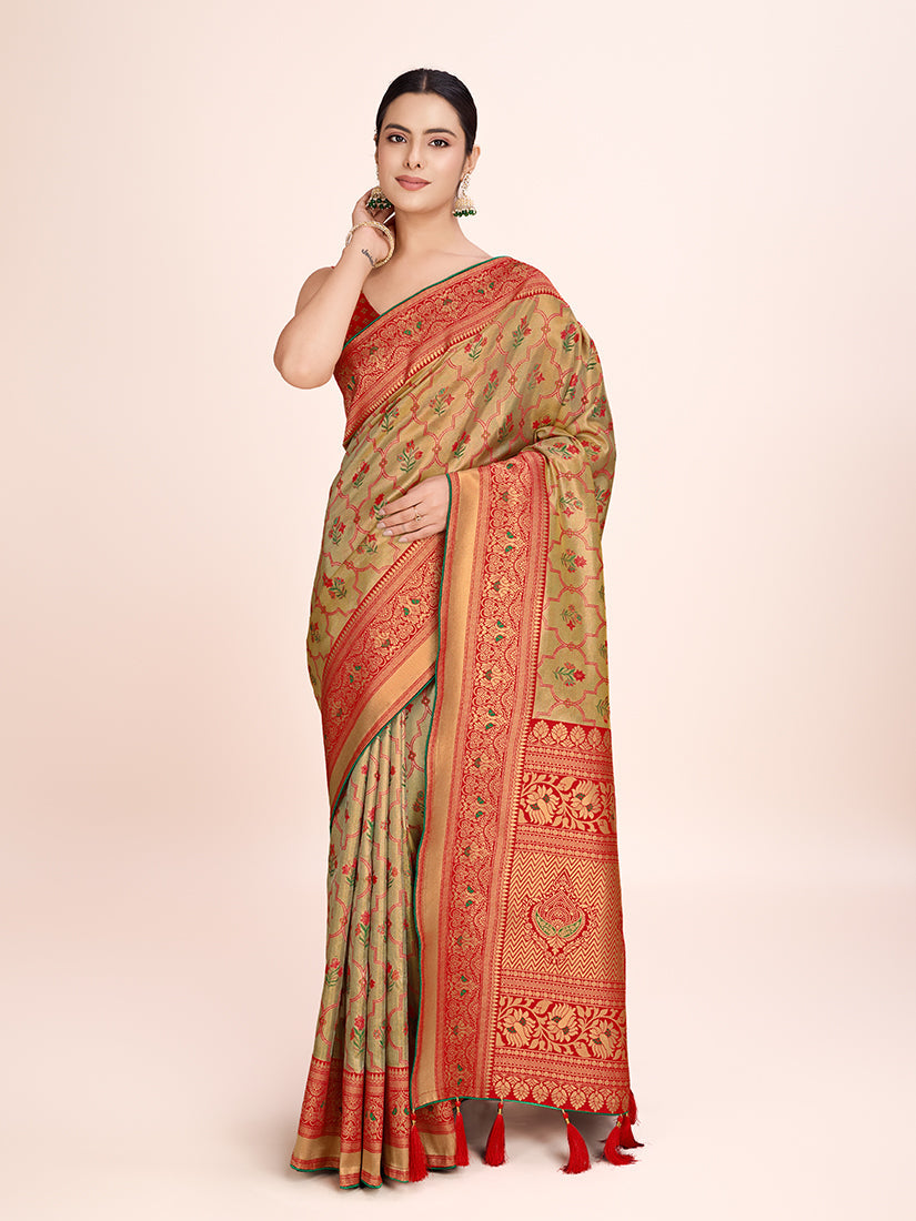 Monjolika Fashion Exquisite Designs With This Regal Red Rich Look Banarasi Tissue Silk Saree | Grocsy