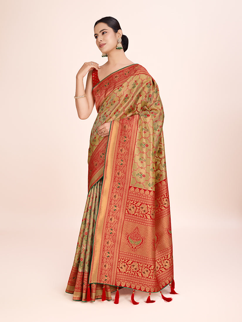 Monjolika Fashion Exquisite Designs With This Regal Red Rich Look Banarasi Tissue Silk Saree | Grocsy