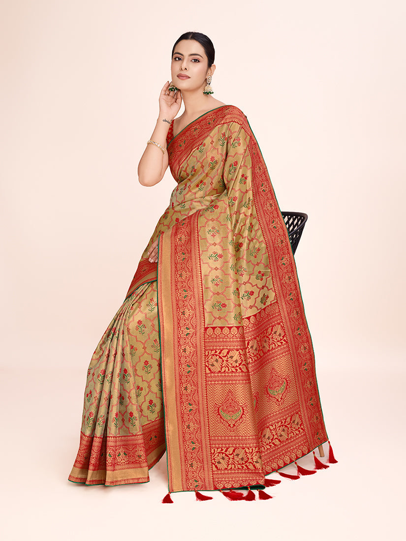 Monjolika Fashion Exquisite Designs With This Regal Red Rich Look Banarasi Tissue Silk Saree | Grocsy