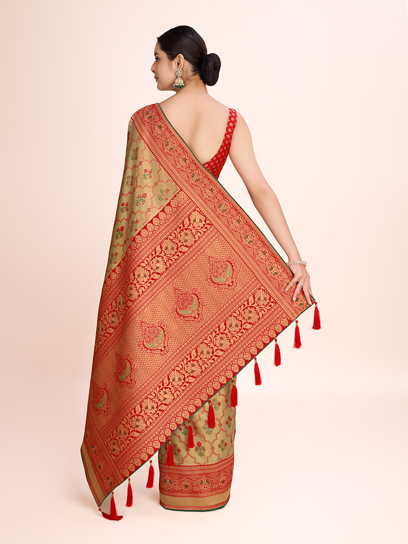 Monjolika Fashion Exquisite Designs With This Regal Red Rich Look Banarasi Tissue Silk Saree | Grocsy