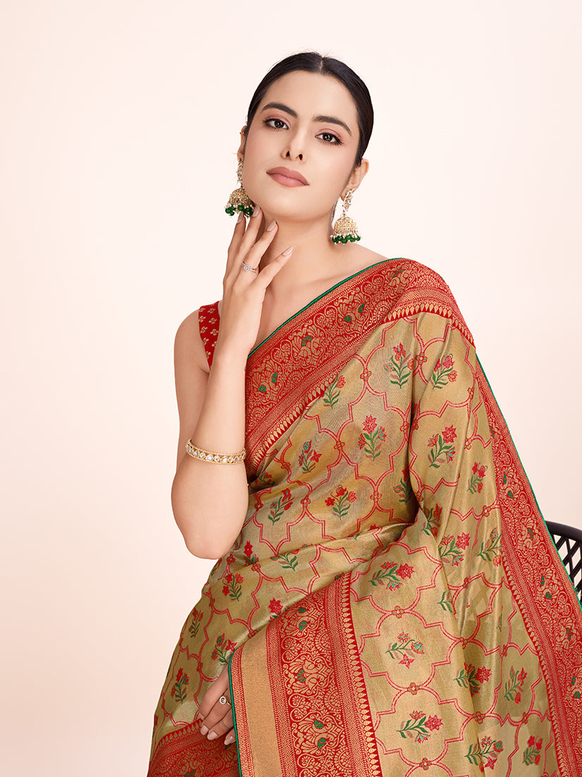 Monjolika Fashion Exquisite Designs With This Regal Red Rich Look Banarasi Tissue Silk Saree | Grocsy