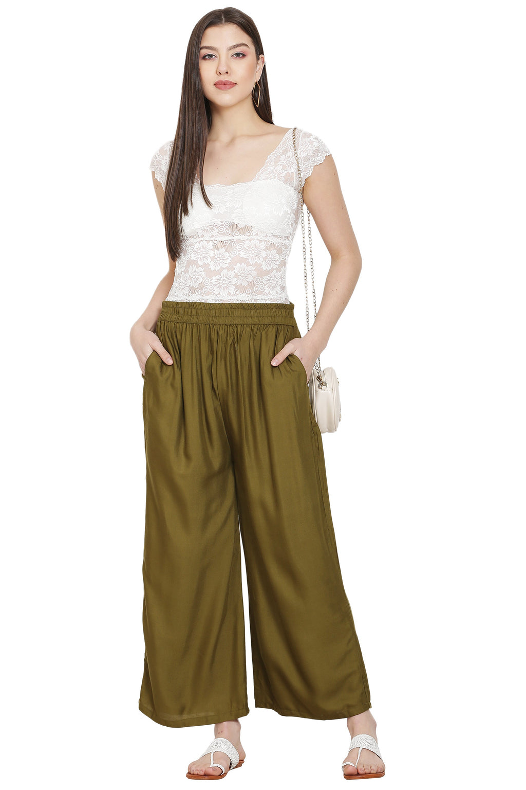 PAVONINE Mehandi Color Rayon Fabric Jumbo Sharara For Women | Grocsy