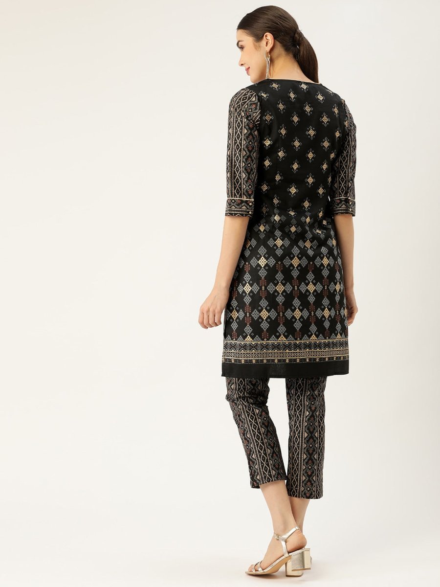 All About You Women Black & Golden Printed Sequinned Kurta with Trousers | Grocsy