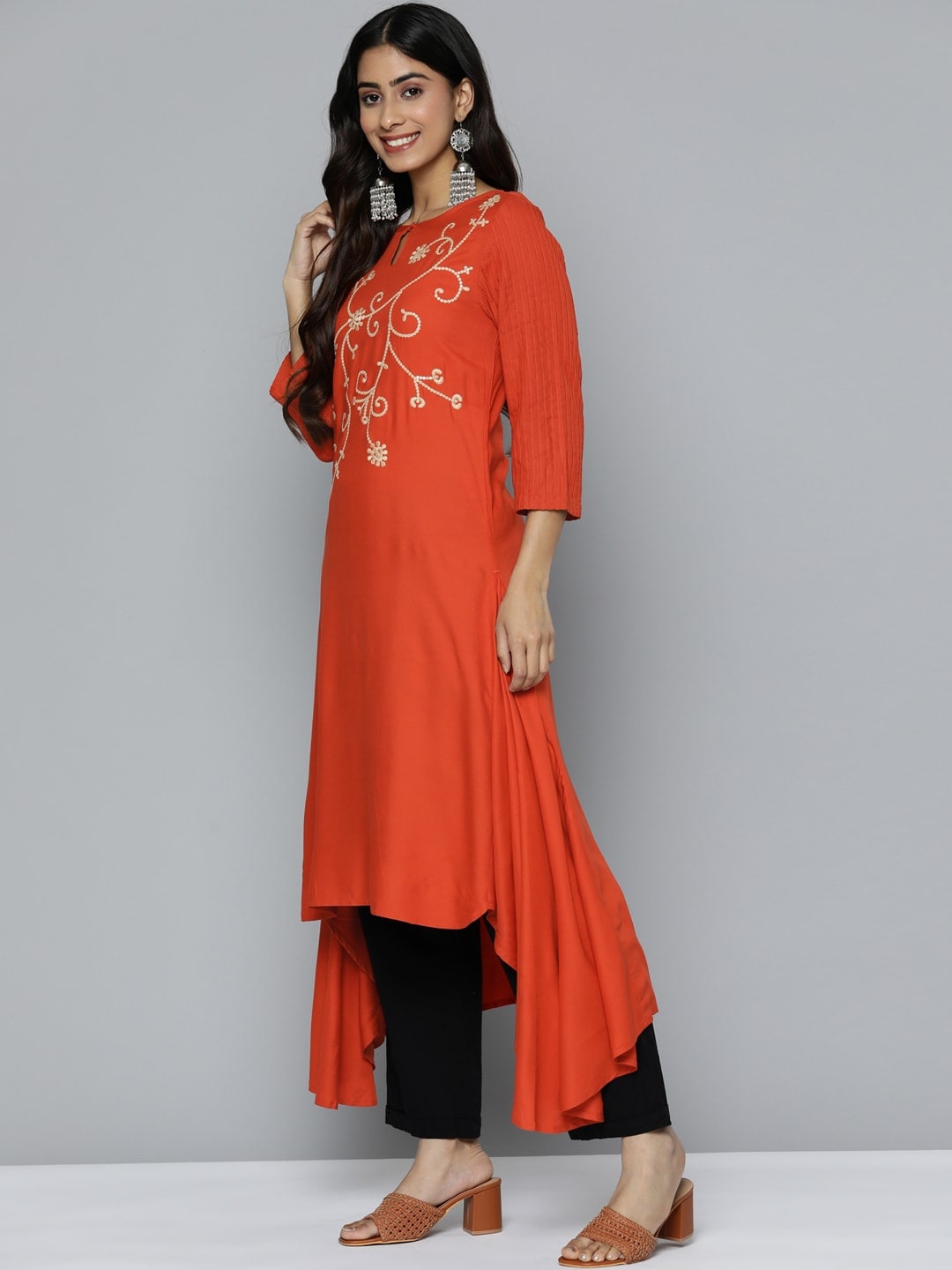 HERE&NOW Mirror Work Embroidered Keyhole Neck Asymmetric Dipped Hem Kurta | Grocsy