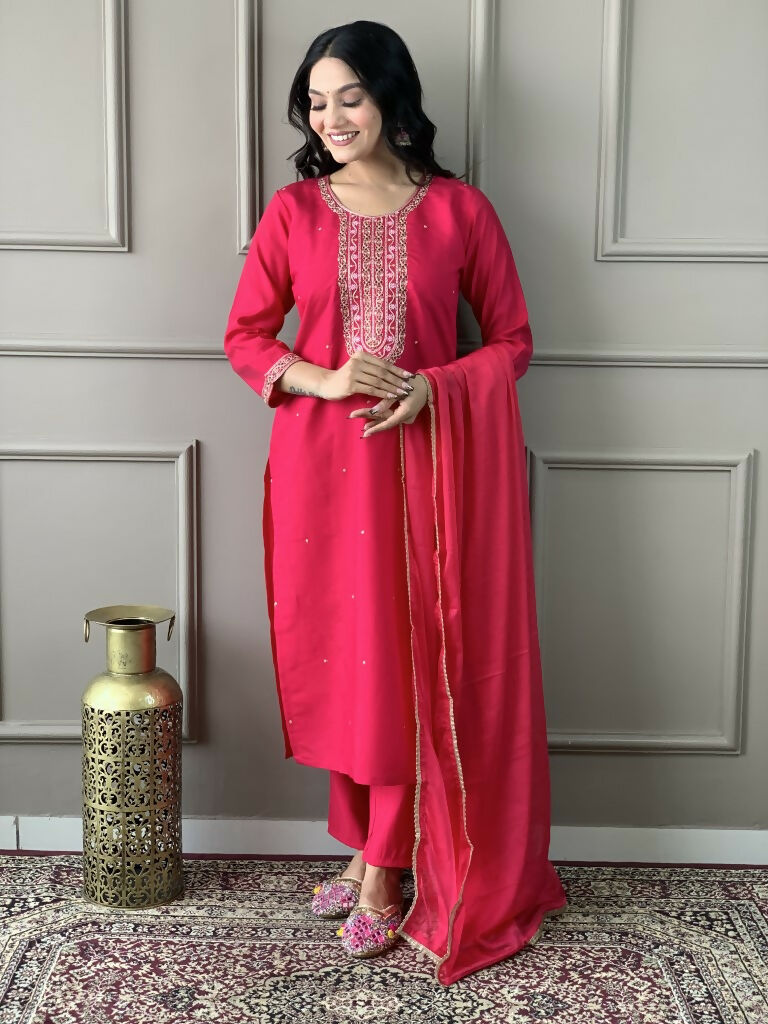 Rani Viscose chanderi Stitched Suit With Dupatta - Tanisha | Grocsy