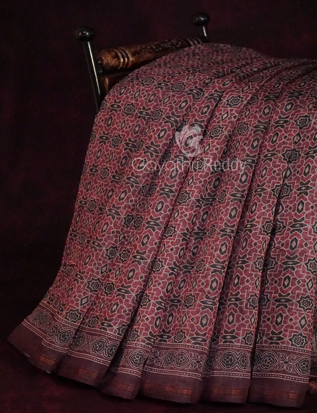 Red Onion Colour Ajrakh Design Semi Chanderi Saree By Gayathri Reddy Designer Studio | Grocsy