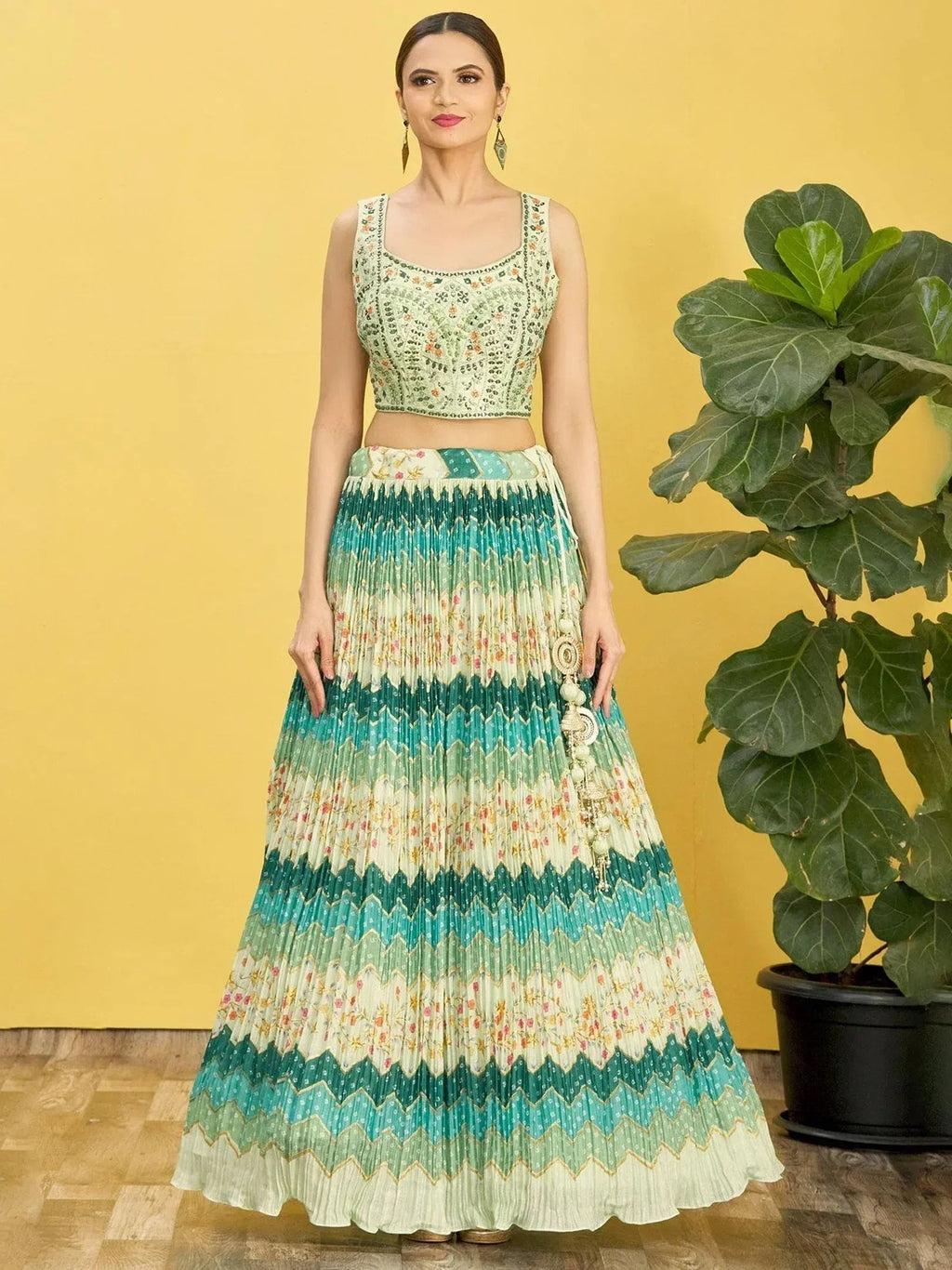 Tulsi Art Styling Green Mirror Work Chinon Reception Wear Lehenga Choli | Grocsy