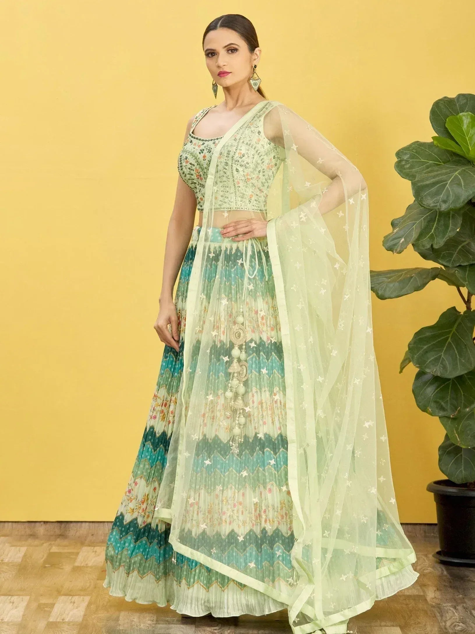 Tulsi Art Styling Green Mirror Work Chinon Reception Wear Lehenga Choli | Grocsy