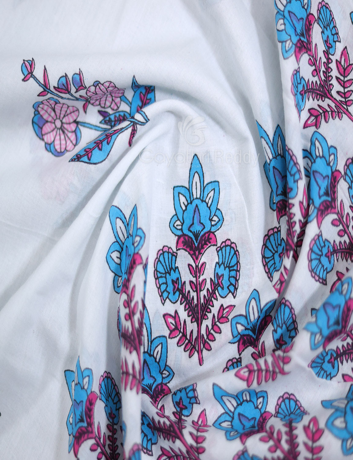 White And Cloud Blue Printed Cotton Sareecotton Saree-C569 By Gayathri Reddy Designer Studio | Grocsy