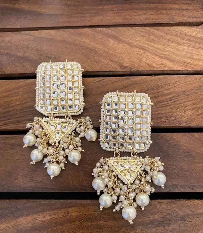 Tehzeeb Creations Jewellery Gold Tone Jadau Kundan & Pearls Large Drop Earrings For Women & Girls | Grocsy