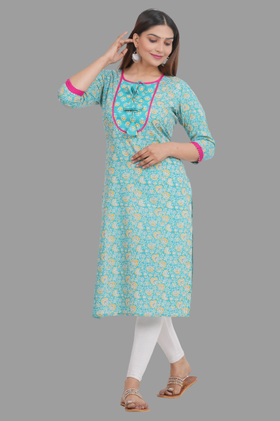 House of RP Women's AquaBlue Rayon Floral Print Kurta | Grocsy
