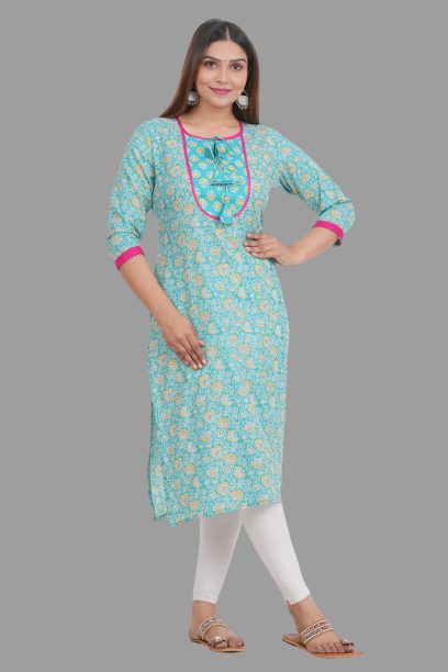 House of RP Women's AquaBlue Rayon Floral Print Kurta | Grocsy