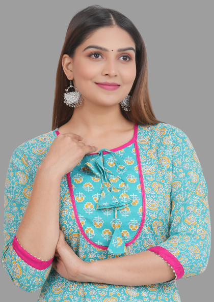 House of RP Women's AquaBlue Rayon Floral Print Kurta | Grocsy