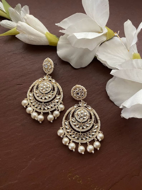 Tehzeeb Creations Gold-Polished Traditional Chandbali Drop Kundan & Pearl Earring For Women | Grocsy