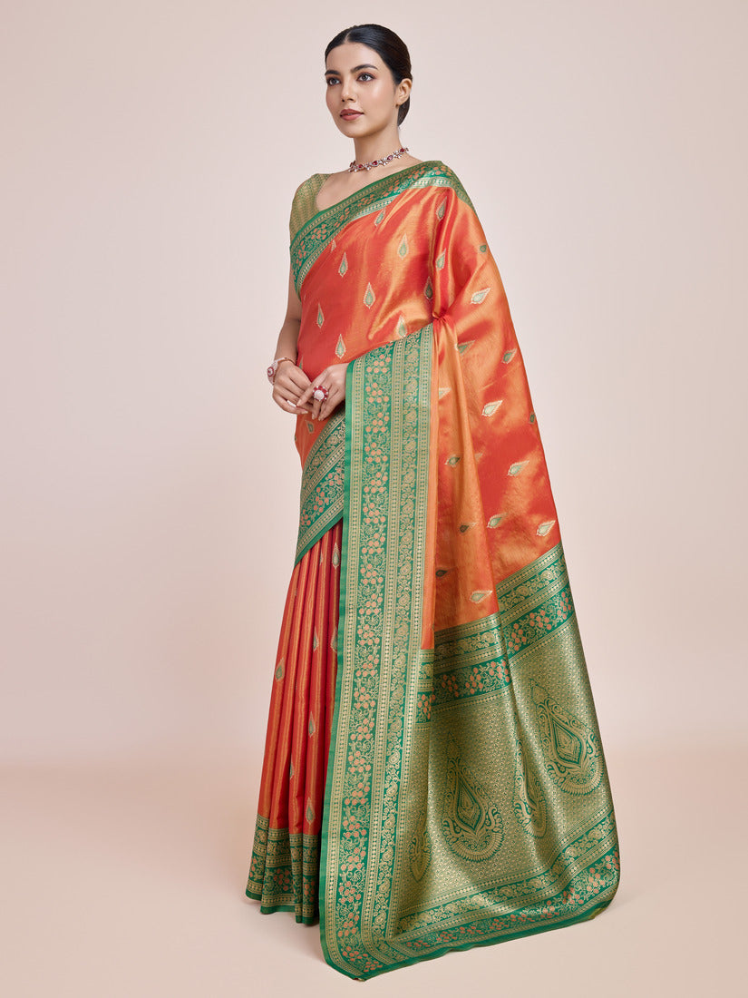Monjolika Fashion Glamour And Tradition With This Zari Woven Banarasi Tissue Silk Orange Saree | Grocsy