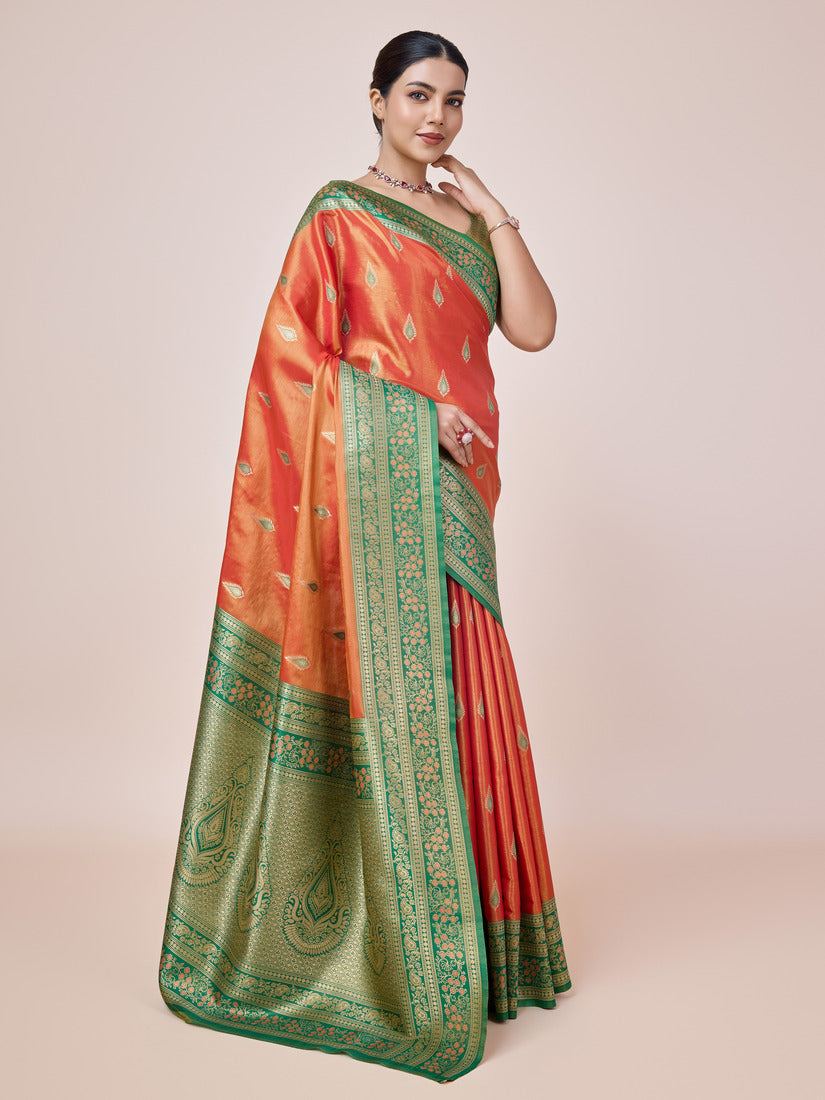 Monjolika Fashion Glamour And Tradition With This Zari Woven Banarasi Tissue Silk Orange Saree | Grocsy