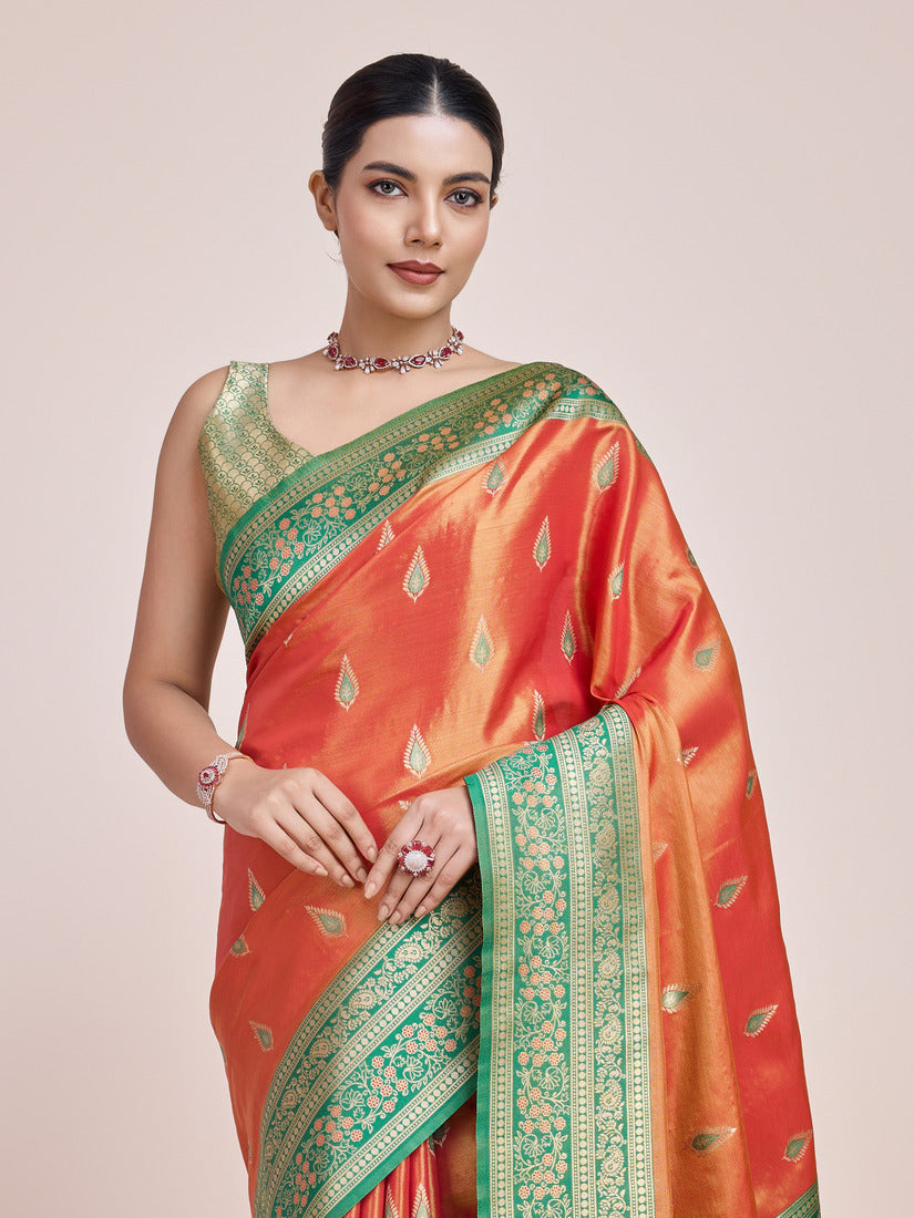 Monjolika Fashion Glamour And Tradition With This Zari Woven Banarasi Tissue Silk Orange Saree | Grocsy