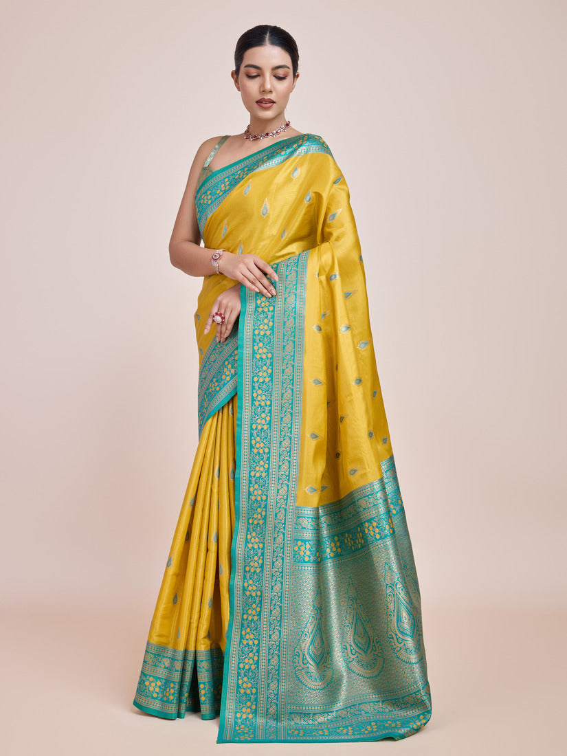 Monjolika Fashion Glamour And Tradition With This Zari Woven Banarasi Tissue Silk Yellow Saree | Grocsy