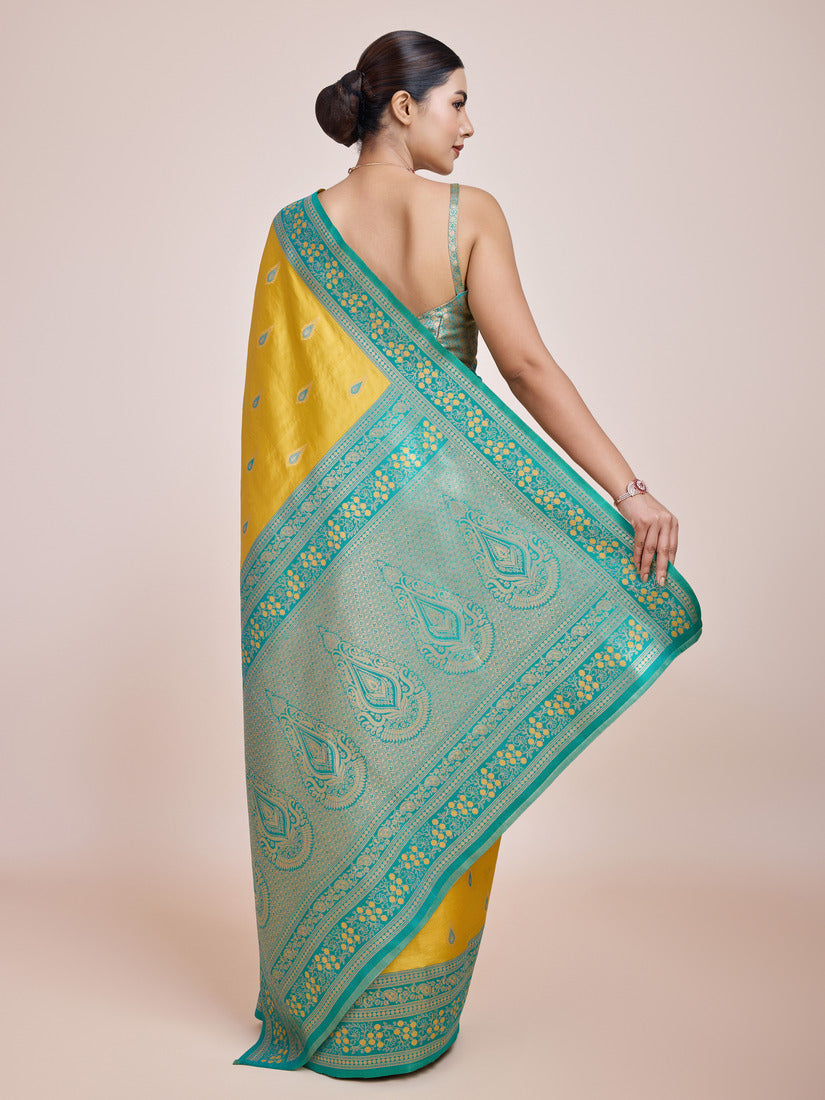 Monjolika Fashion Glamour And Tradition With This Zari Woven Banarasi Tissue Silk Yellow Saree | Grocsy