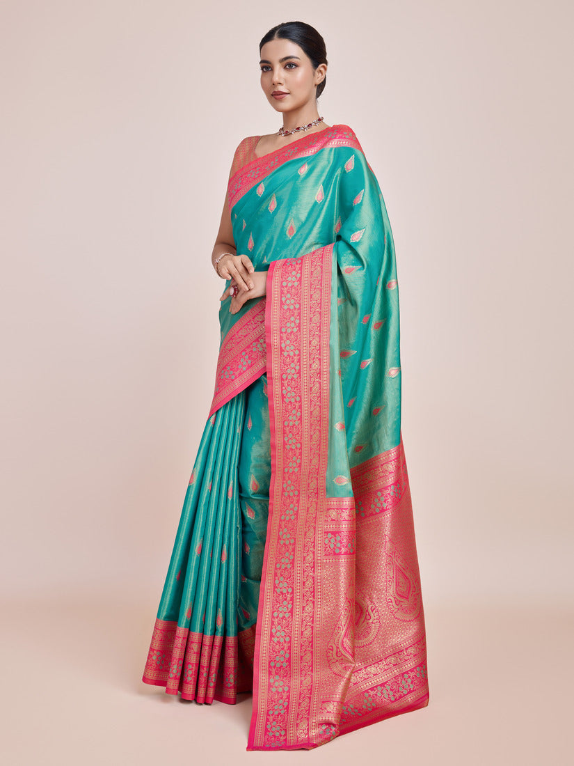 Monjolika Fashion Glamour And Tradition With This Zari Woven Banarasi Tissue Silk Turquoise Saree | Grocsy