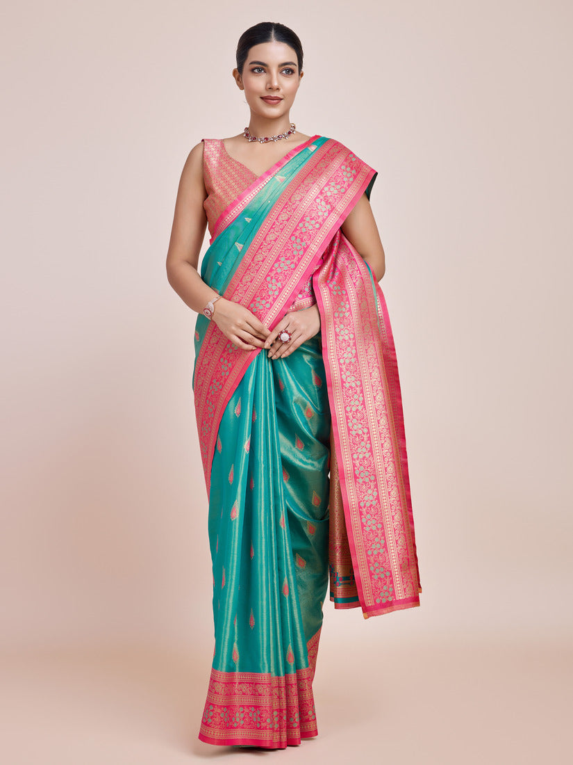 Monjolika Fashion Glamour And Tradition With This Zari Woven Banarasi Tissue Silk Turquoise Saree | Grocsy
