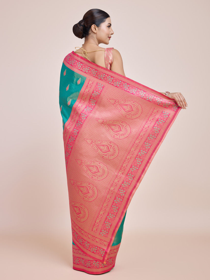 Monjolika Fashion Glamour And Tradition With This Zari Woven Banarasi Tissue Silk Turquoise Saree | Grocsy