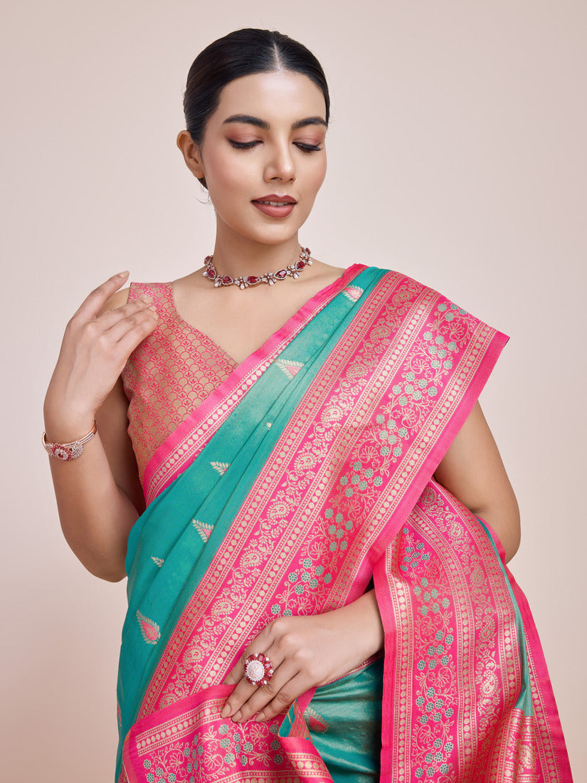 Monjolika Fashion Glamour And Tradition With This Zari Woven Banarasi Tissue Silk Turquoise Saree | Grocsy