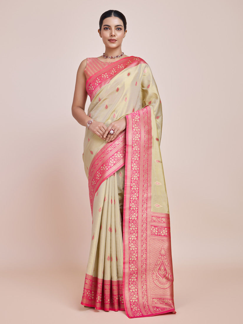 Monjolika Fashion Glamour And Tradition With This Zari Woven Banarasi Tissue Silk Cream Saree | Grocsy