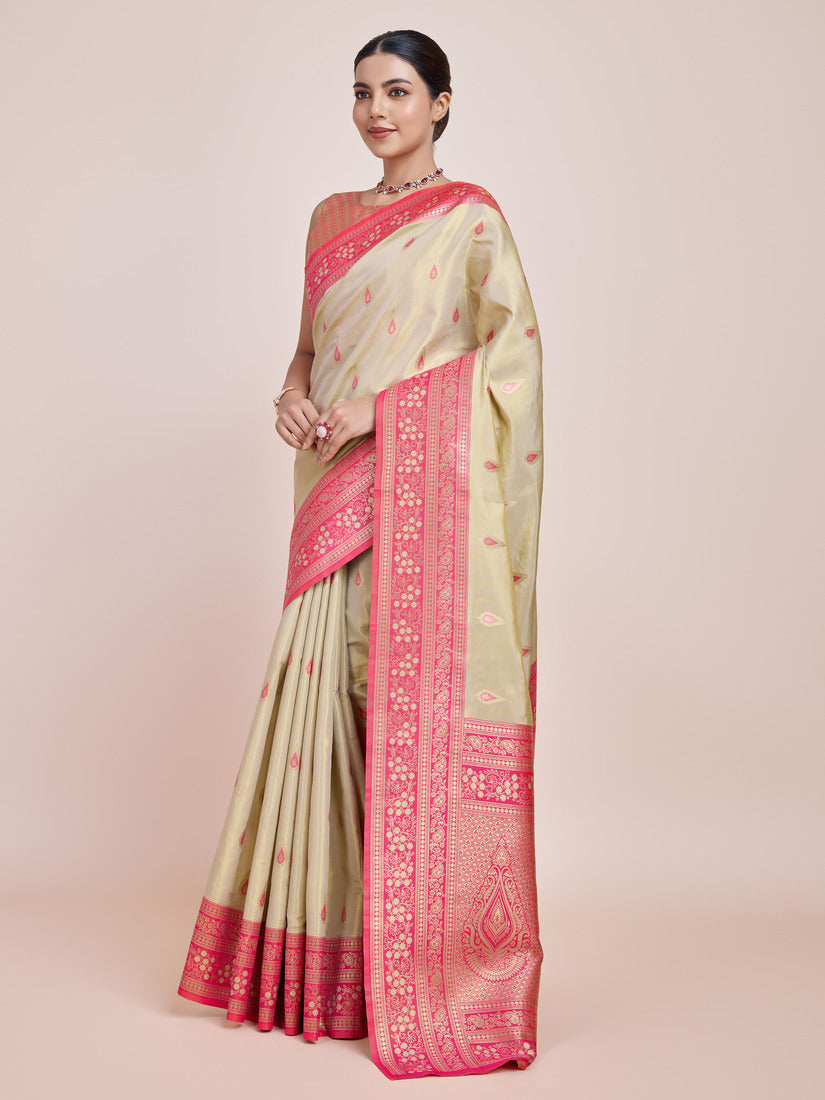 Monjolika Fashion Glamour And Tradition With This Zari Woven Banarasi Tissue Silk Cream Saree | Grocsy