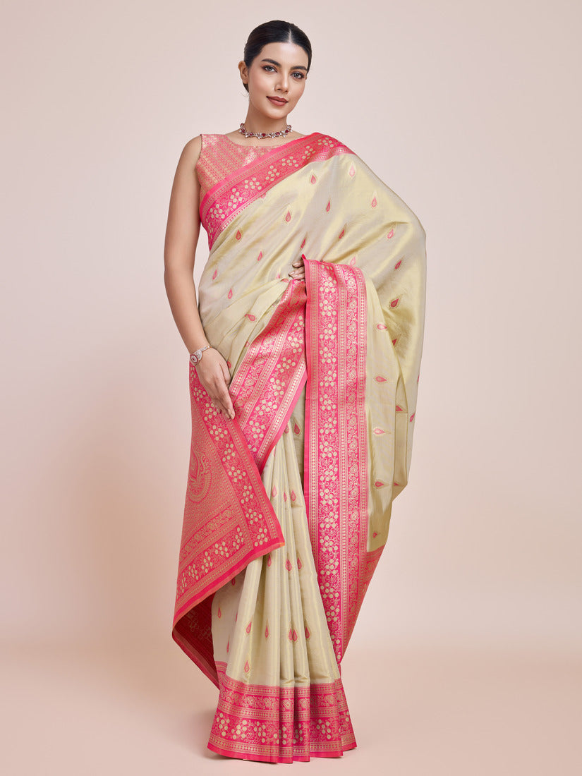 Monjolika Fashion Glamour And Tradition With This Zari Woven Banarasi Tissue Silk Cream Saree | Grocsy